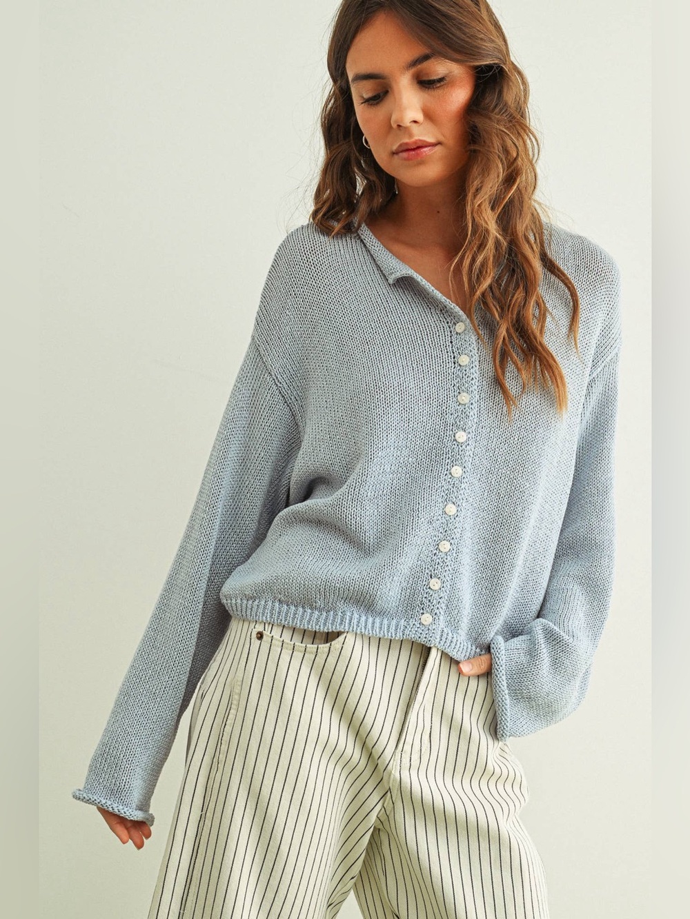 MIOU MUSE | Sky Blue Button Front Cotton Cardigan- Small